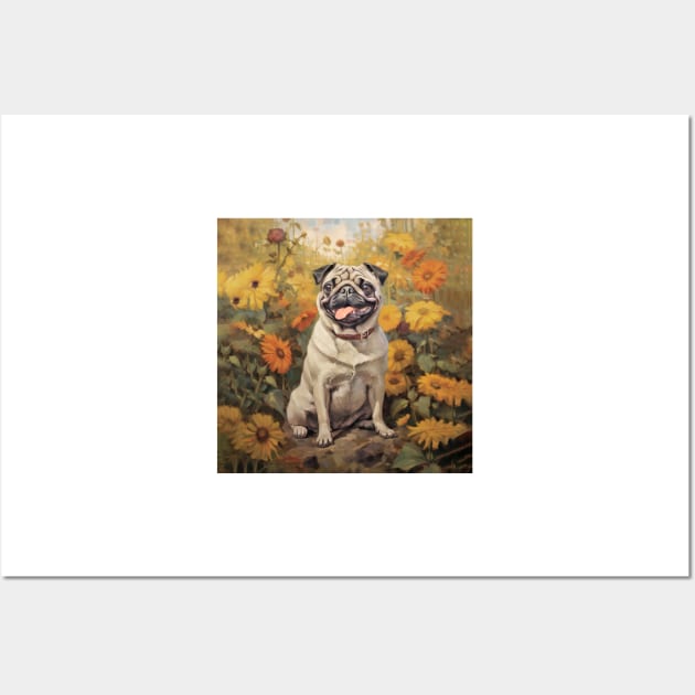 Cute Pug in Fall Flowers Wall Art by candiscamera